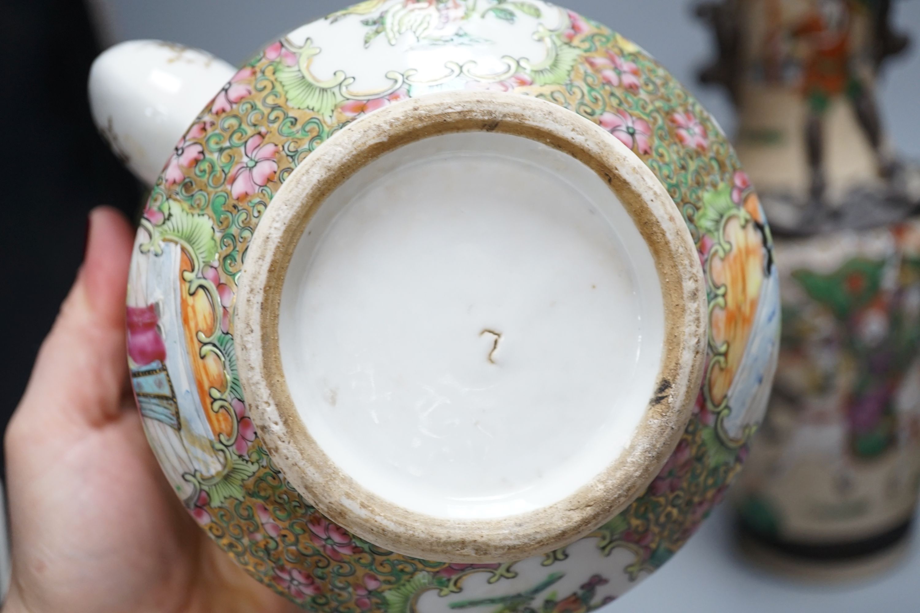 A Chinese famille rose crackleglaze vase, 29cm, together with a famille rose teapot and a crackleglaze celadon ground bottle vase